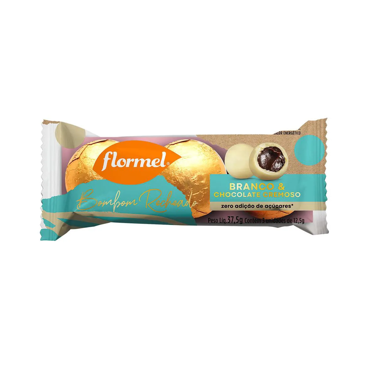 Bombom Flormel Sem Açúcar Sabor Chocolate Branco com Recheio de Chocolate Cremoso com 37,5g