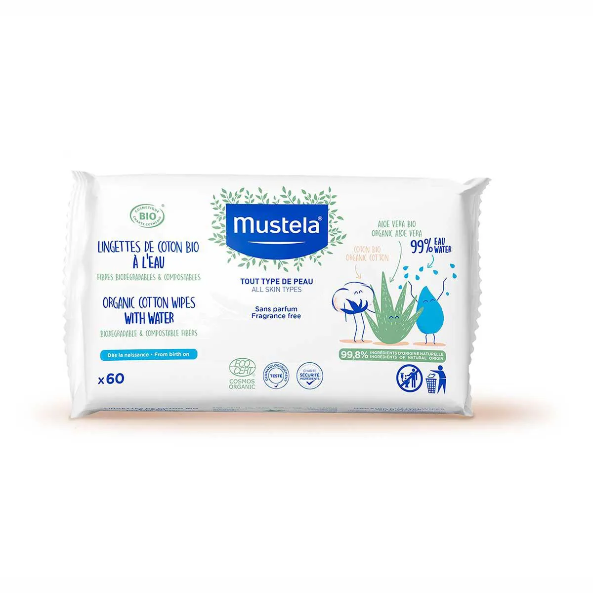 Toalha Umedecida de Algodão Mustela Bio com 60 Unidades