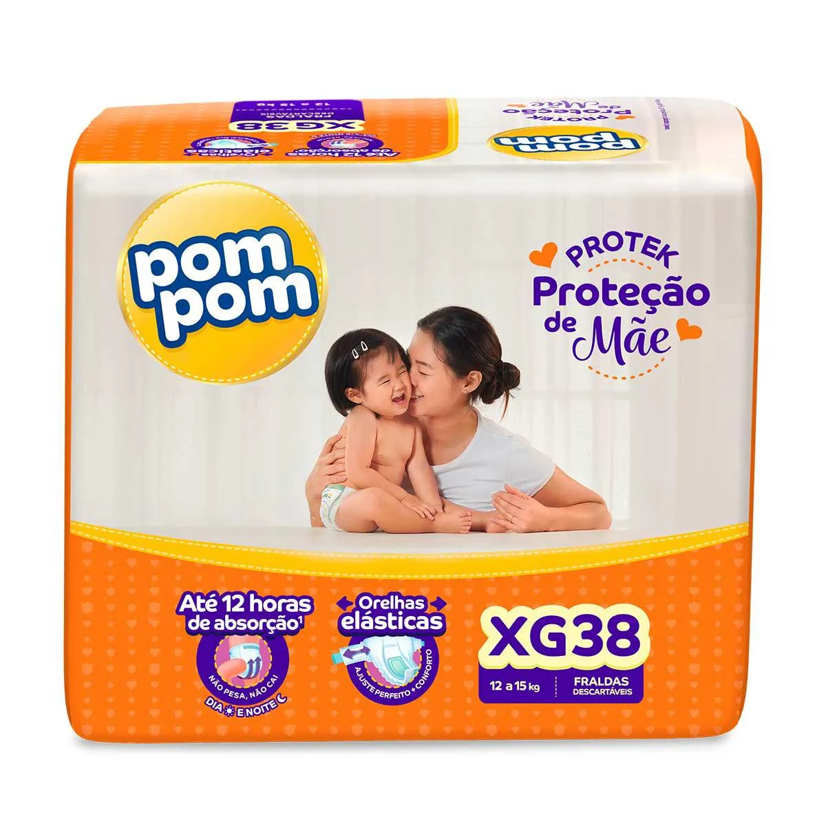 Fralda Pom Pom Protek Proteção de Mãe Proteção Até 12h Dia e Noite Orelhas Elásticas XG 38 unidades