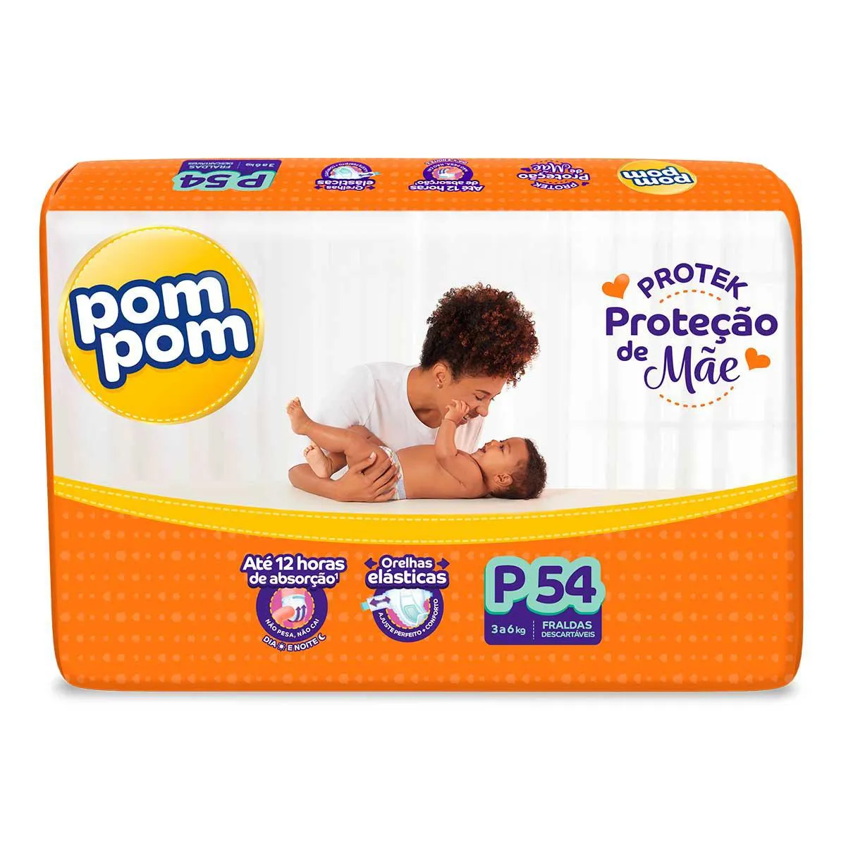 Fralda Pom Pom Protek Proteção de Mãe Proteção Até 12h Dia e Noite Orelhas Elásticas P 54 unidades