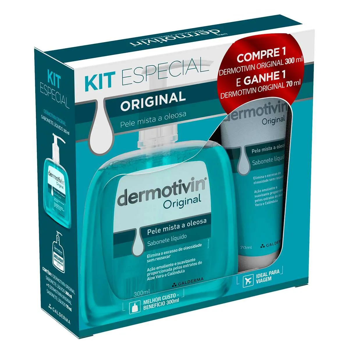 Kit Dermotivim Original Sabonete Líquido Facial Pele Mista a Oleosa com 300ml + 70ml