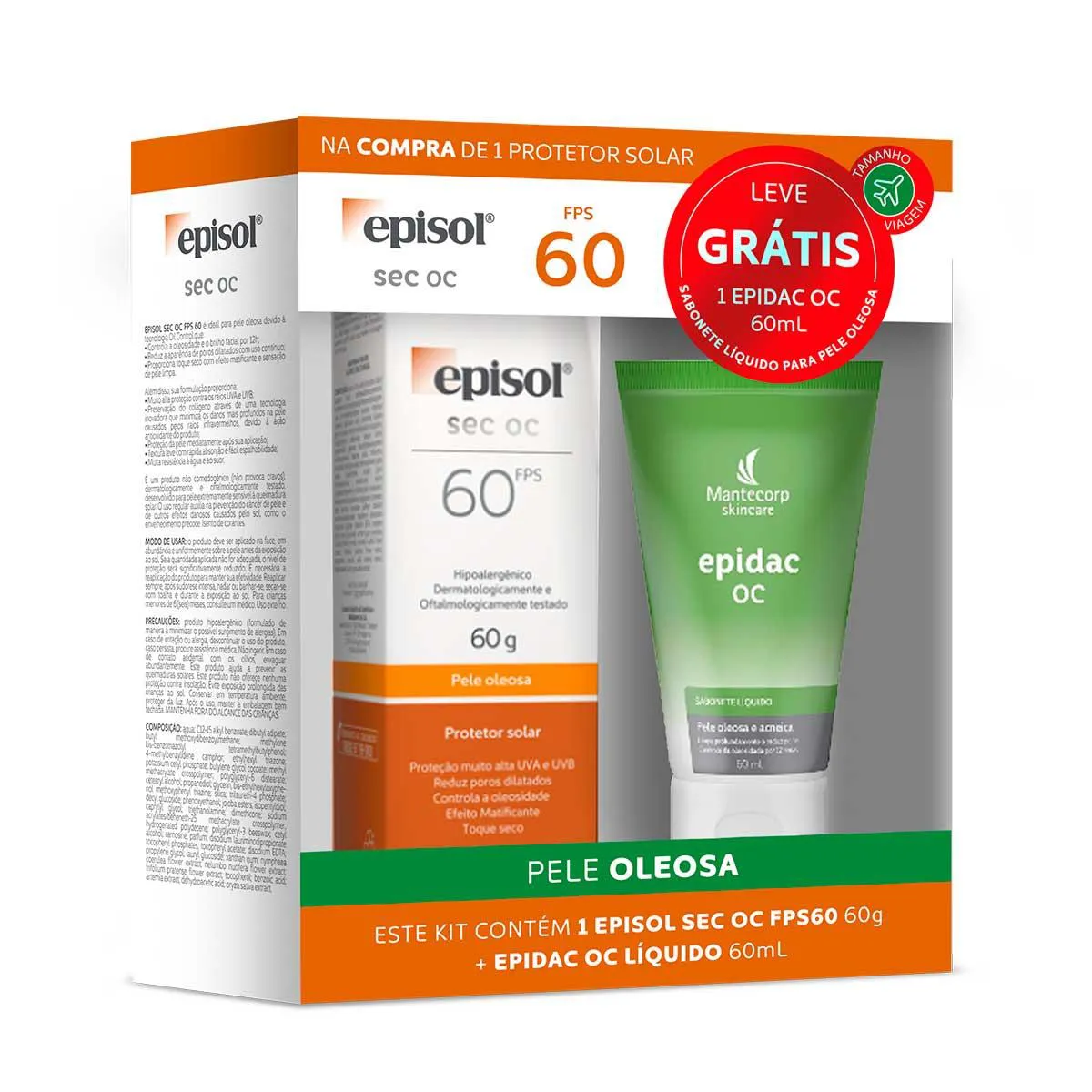 Kit Protetor Solar Episol Sec OC FPS 60 com 60g + Epidac OC Líquido com 60ml