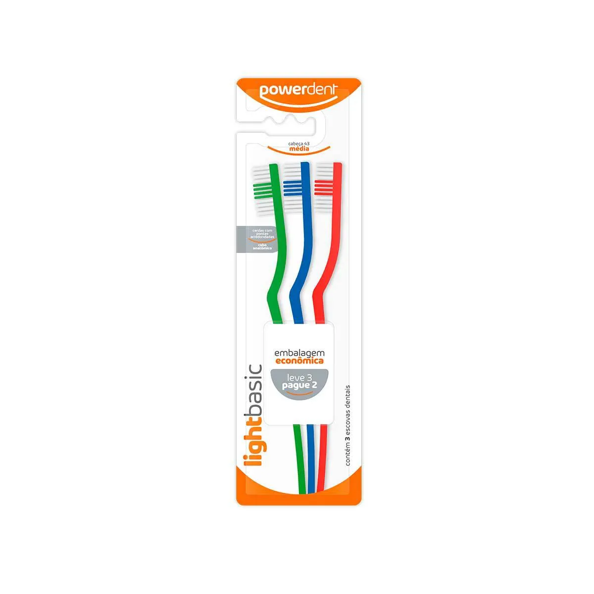 Escova de Dente Powerdent Light Basic Média com 3 unidades