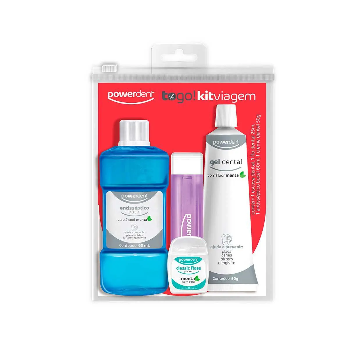 Kit Viagem Powerdent Escova de Dente + Fio Dental + Pasta de Dente + Enxaguante Bucal