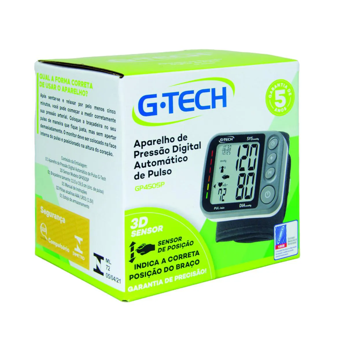 Aparelho de Pressão de Pulso Digital Automático G-Tech GP450SP