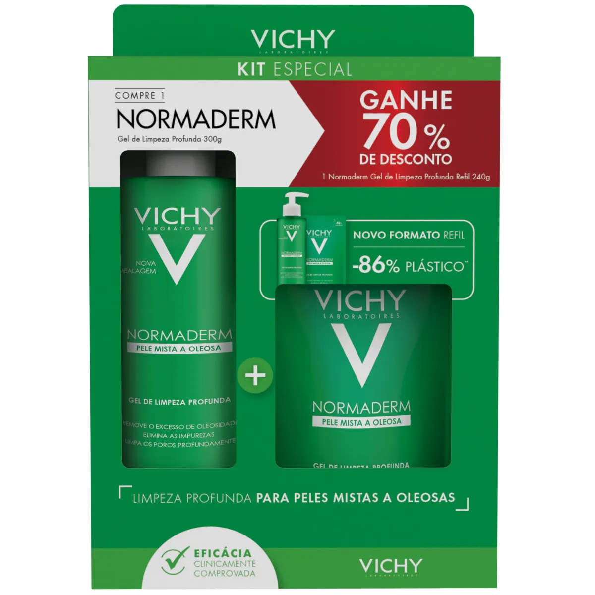 Kit Vichy Normaderm Phytosolution Gel de Limpeza Profunda 300g + Refil 240g