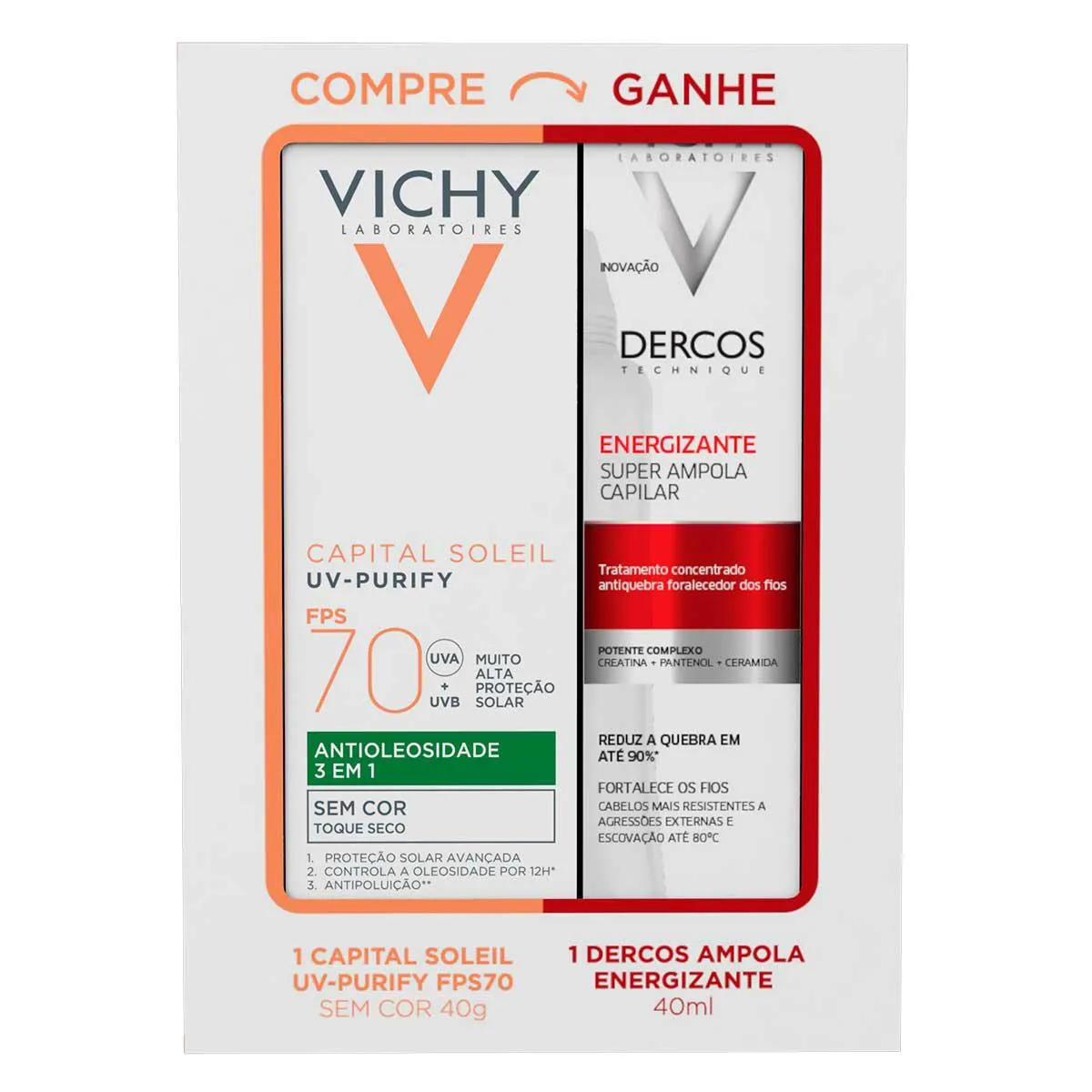 Kit Vichy Protetor Solar Capital Soleil Purify Antioleosidade FPS 70 40g + Ampola Capilar Dercos Energizante 40ml