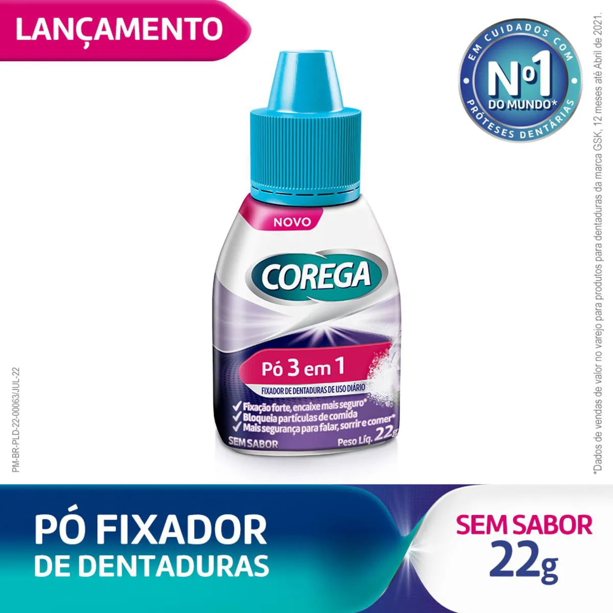 Pó Fixador de Dentadura Corega 3 em 1 Sem Sabor 22g