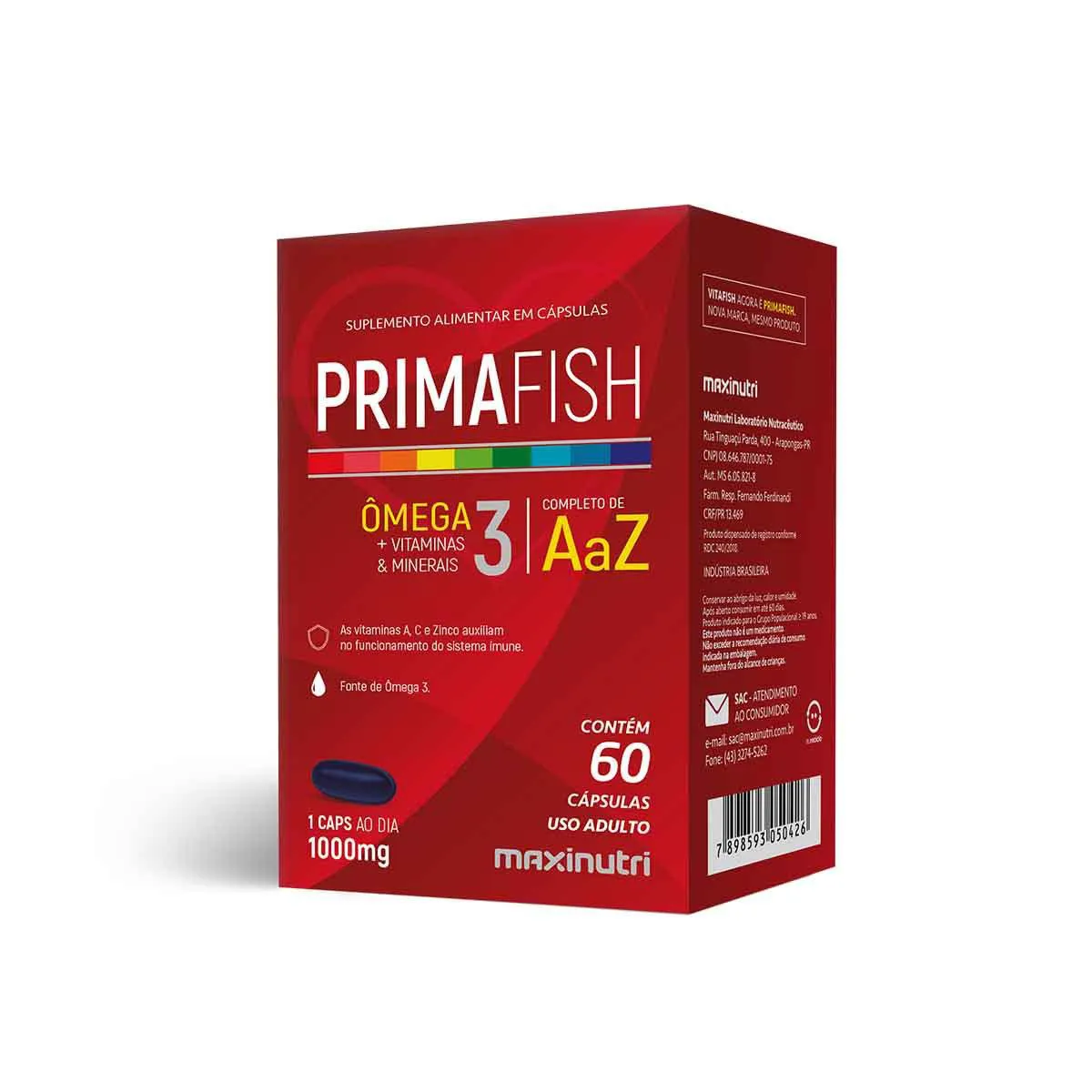 Ômega 3 Primafish Maxinutri Vitaminas A a Z 60 Cápsulas