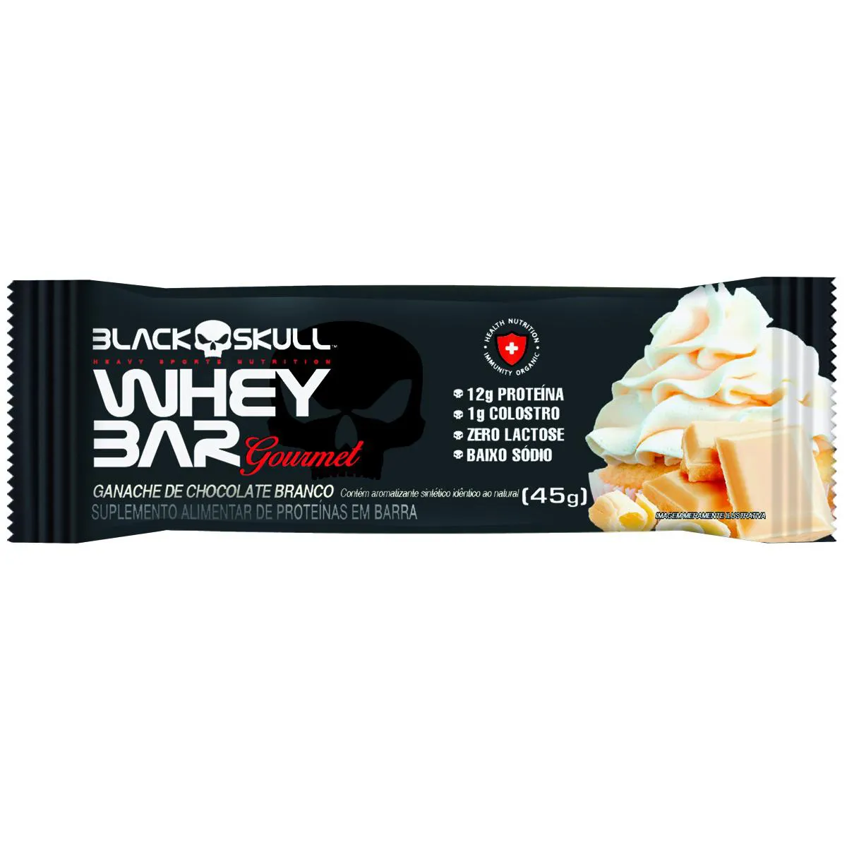 Barra de Proteína Whey Bar Gourmet Black Skull Sabor Ganache de Chocolate Branco 45g