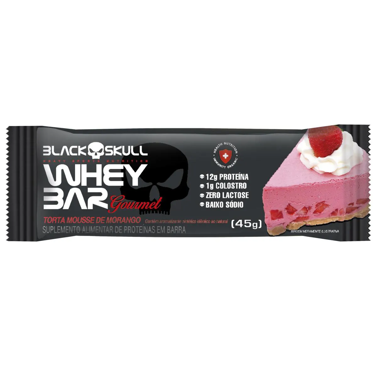 Barra de Proteína Whey Bar Gourmet Black Skull Sabor Torta Mousse de Morango 45g