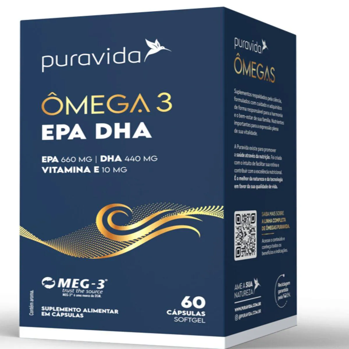 Ômega 3 Puravida EPA 660mg DHA 440mg Vitamina E 10mg 60 cápsulas