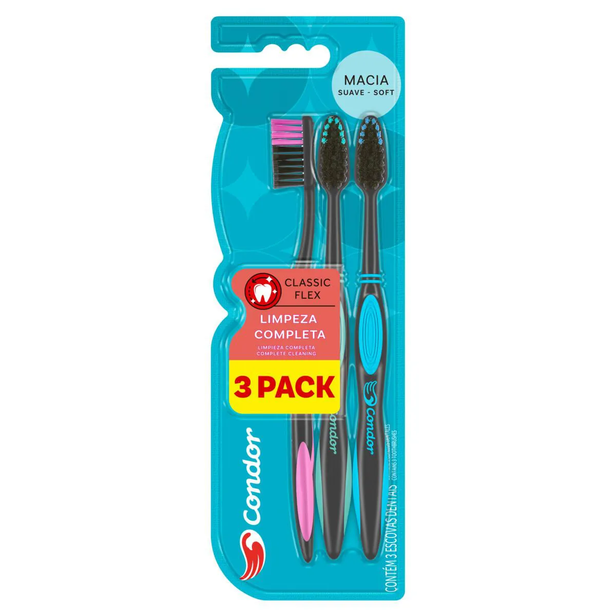 Kit Escova de Dente Condor Classic Flex Macia 3 unidades