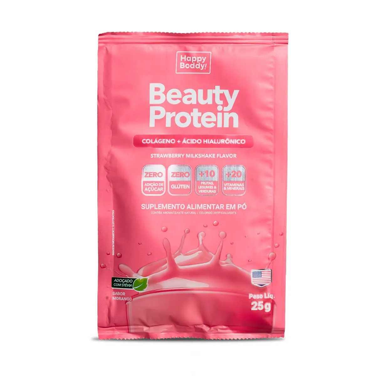 Suplemento Alimentar Beauty Protein Happy Boddy Sabor Milkshake de Morango 25g