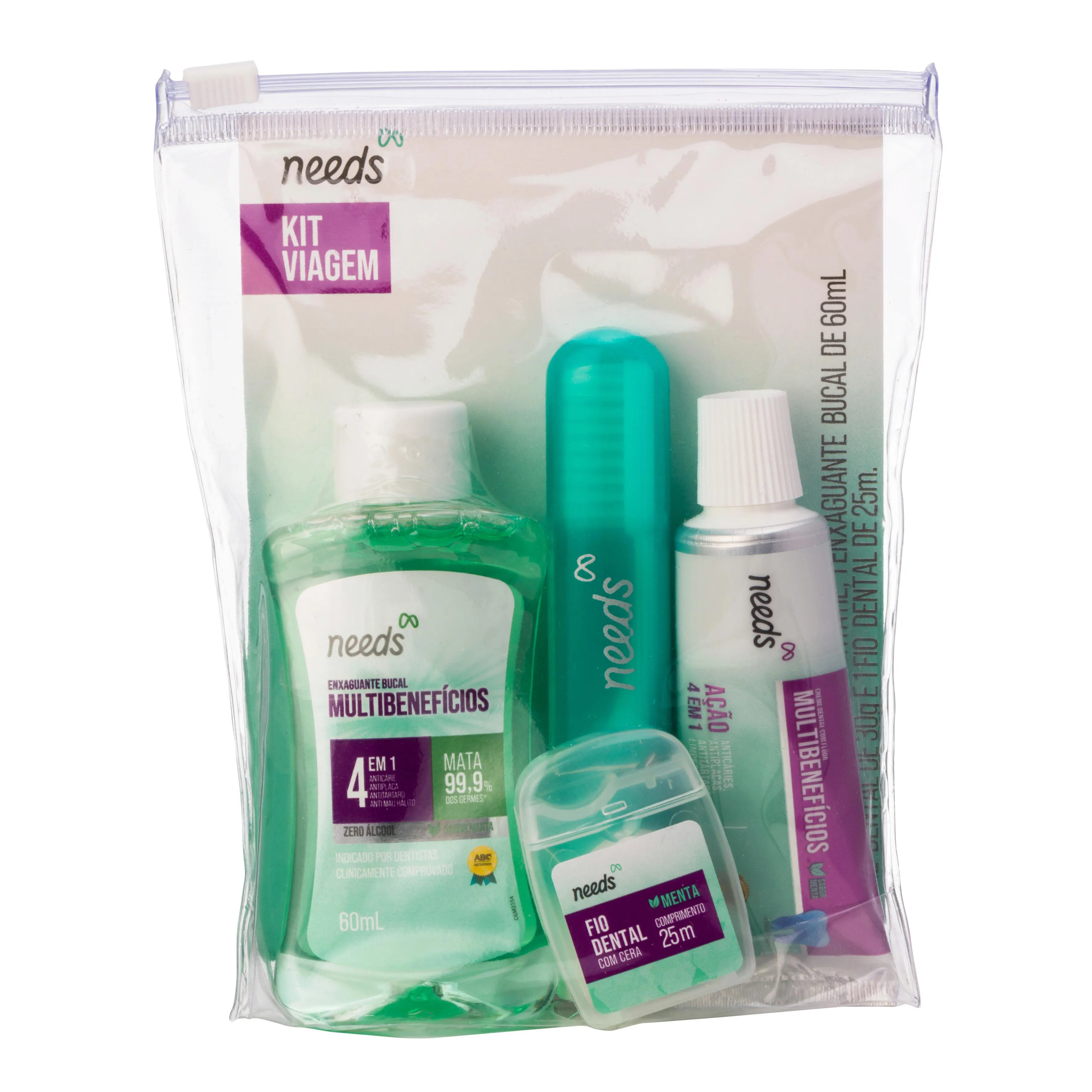 Kit Viagem Needs Oral Care Escova de Dente + Fio Dental de 25m + Pasta de Dente 50g + Enxaguante Bucal 60ml