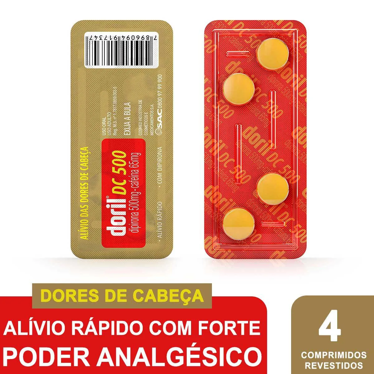 Doril DC 500 Dipirona 500mg + Cafeína 65mg 4 comprimidos