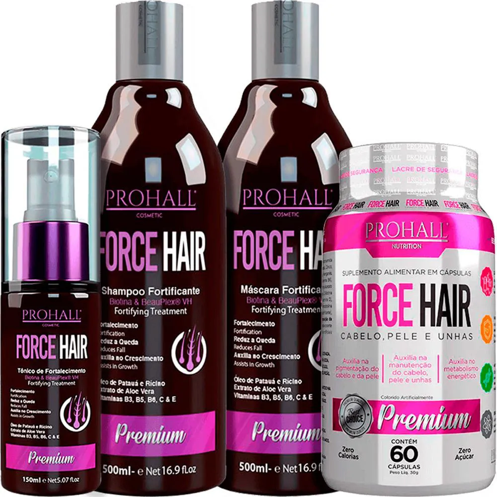PROHALL FORCE HAIR - KIT FORTIFICANTE CRESCIMENTO ACELERADO COMPLETO (4 PRODUTOS)