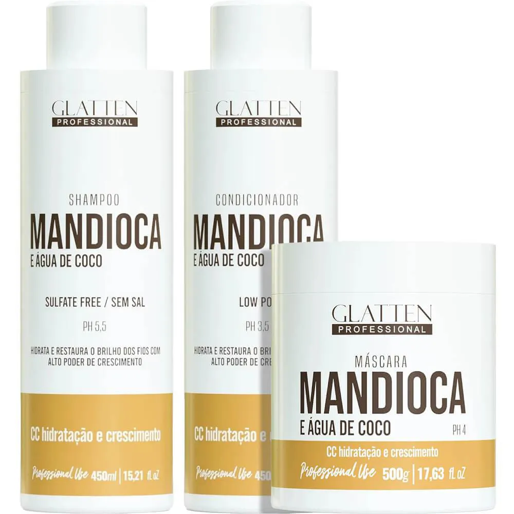 GLATTEN MANDIOCA E ÁGUA DE COCO - KIT HIDRATAçãO E CRESCIMENTO TRIO (3 PRODUTOS)