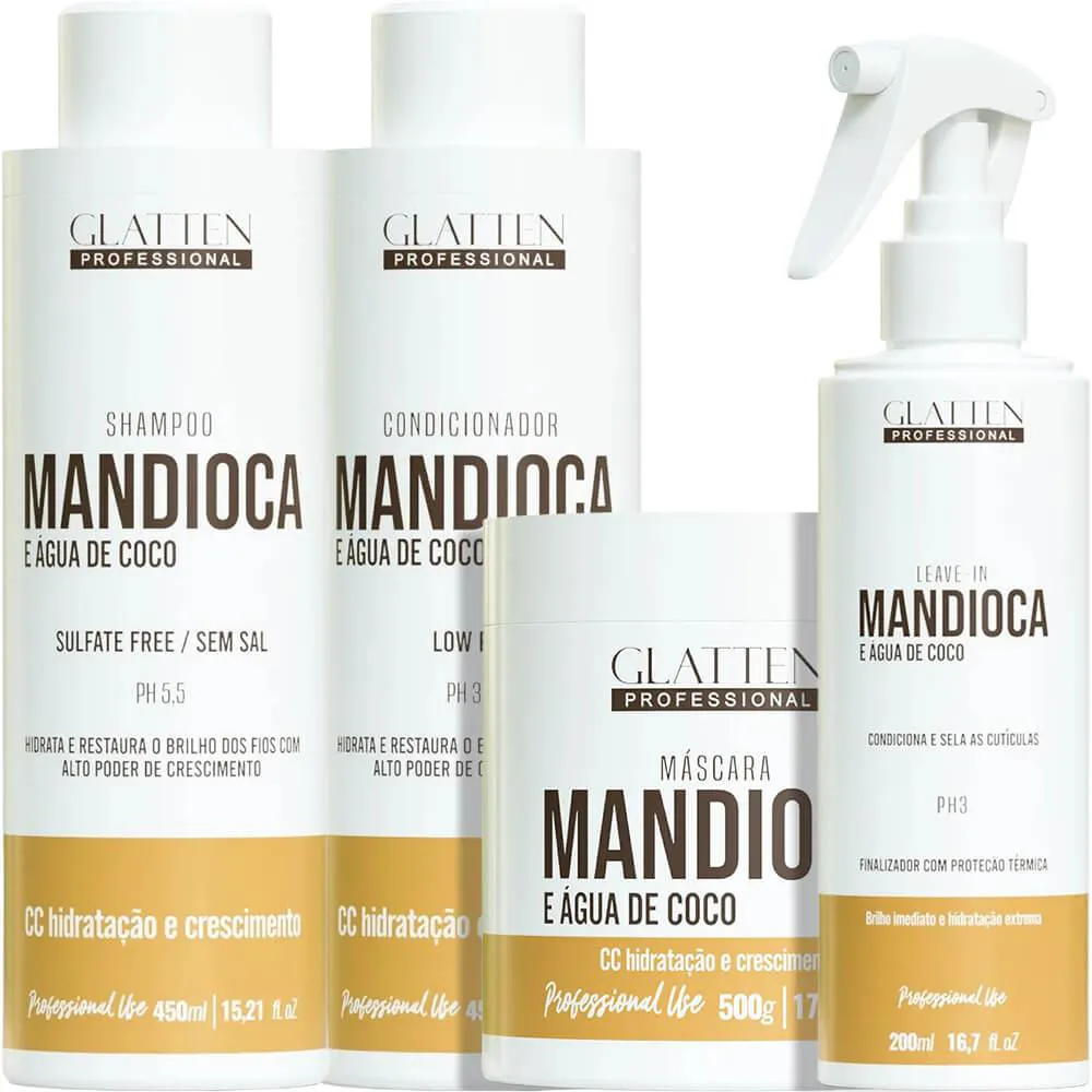 GLATTEN MANDIOCA E ÁGUA DE COCO - KIT HIDRATAçãO E CRESCIMENTO COMPLETO (4 PRODUTOS)
