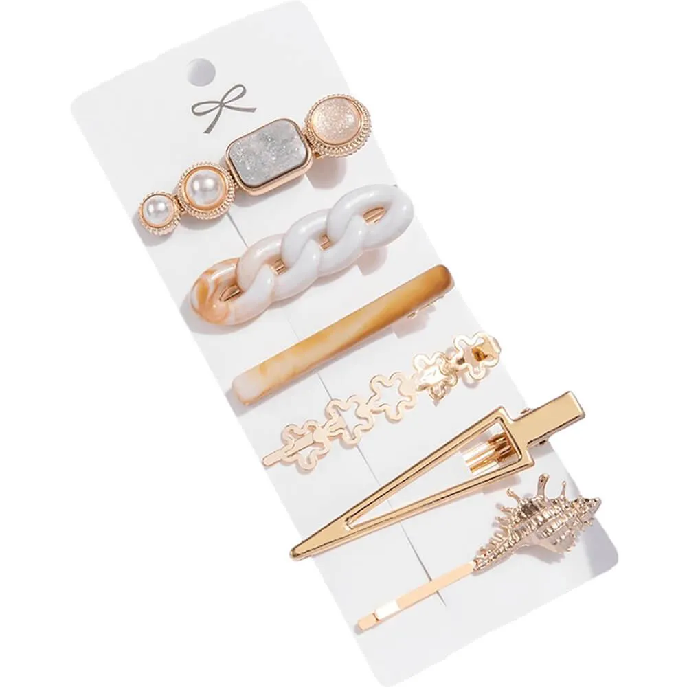 NOBRAND - KIT GRAMPOS DE CABELO PéROLA ARTIFICIAL BRANCO E DOURADO (6 PEçAS)