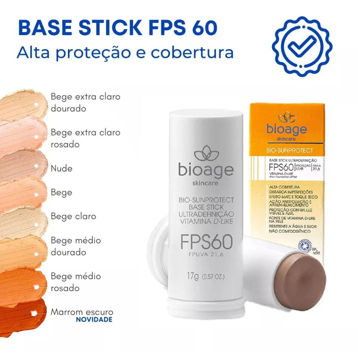 PROTETOR SOLAR BASE STICK ULTRADEFINIçãO VITAMINA D - BIOAGE Bege Extra Claro Dourado
