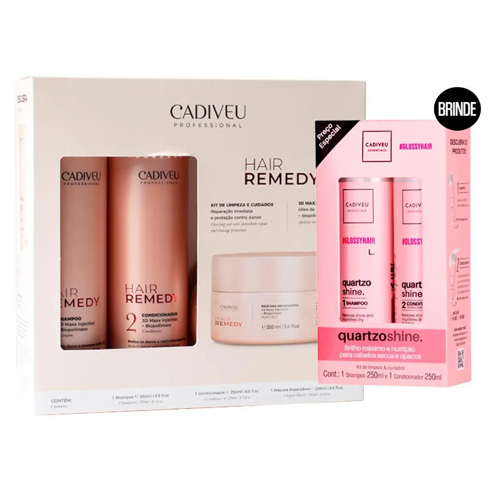 Kit Cadiveu Professional Hair Remedy Shampoo 250ml+ Condicionador 250ml+ Máscara de Cabelo Reparadora 200ml com Brinde Kit Cadiveu Essential Quarzto Shine by Boca Rosa Shampoo 250ml+ Condicionador 250ml