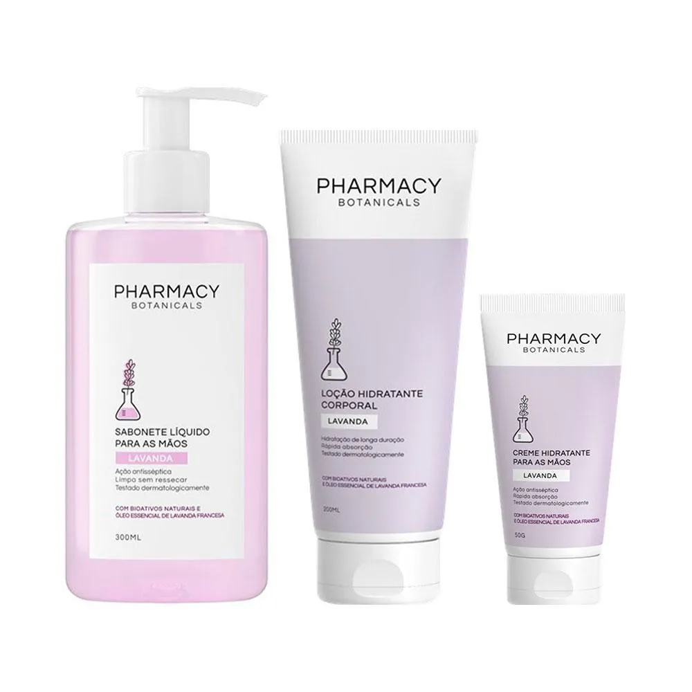 KIT PHARMACY BOTANICALS SABONETE LíQ 300ML E CREME PARA AS MãOS 50G E LOçãO CORPORAL LAVANDA 200ML