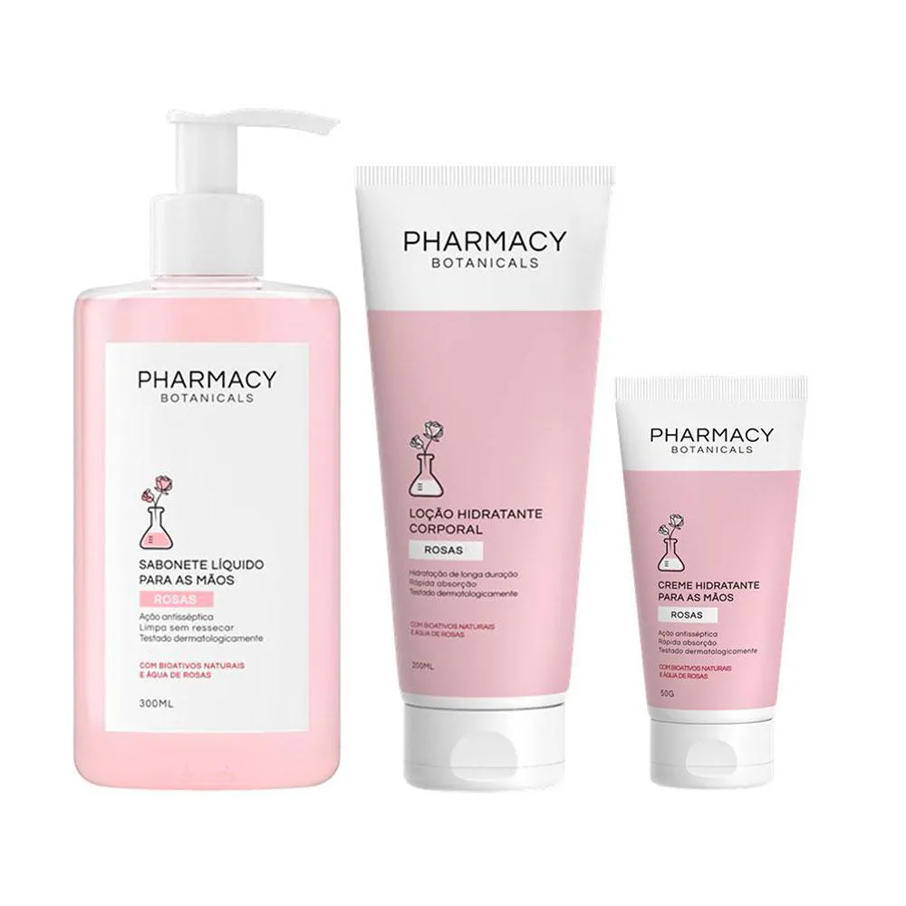 KIT PHARMACY BOTANICALS SABONETE LíQ 300ML E CREME PARA AS MãOS 50G E LOçãO CORPORAL ROSAS 200ML