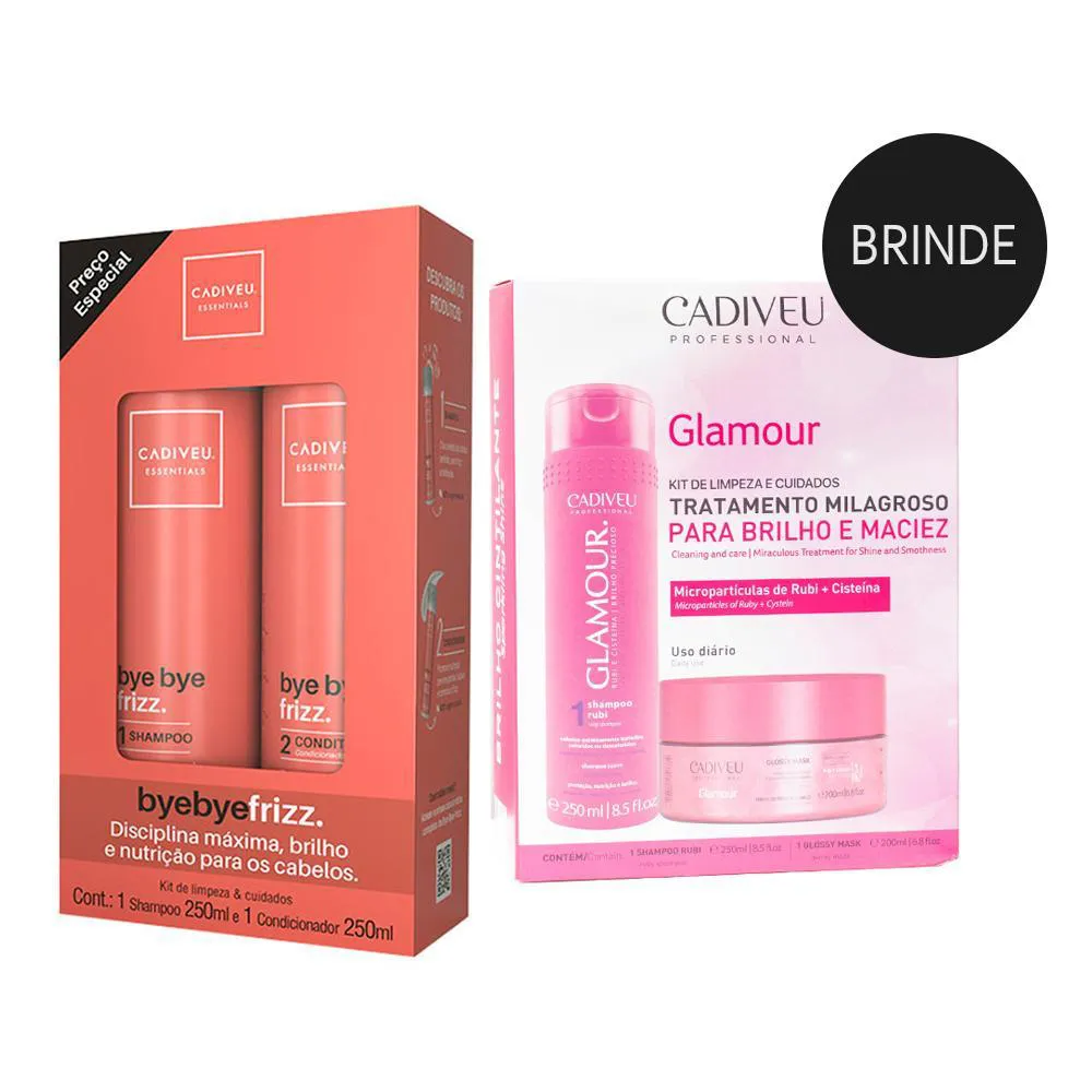 Kit Cadiveu Essential Bye Bye Frizz Shampoo 250ml+ Condicionador 250ml com Brinde Kit Cadiveu Professional Glamour Rubi Shampoo 250ml+ Máscara de Cabelo Glossy Mask 200ml