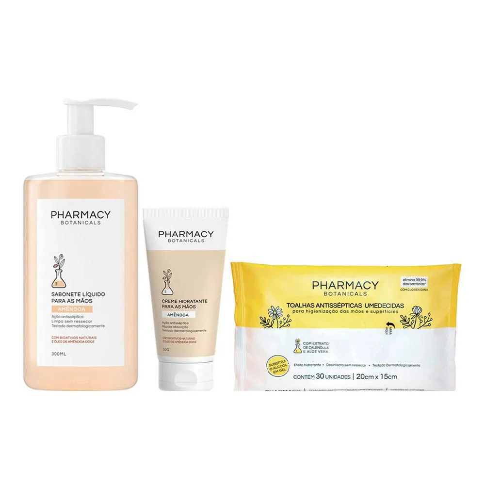 KIT PHARMACY SABONETE LíQ 300ML E CREME PARA AS MãOS 50G E TOALHAS UMEDECIDAS ANTISSéPTICAS 30UNID