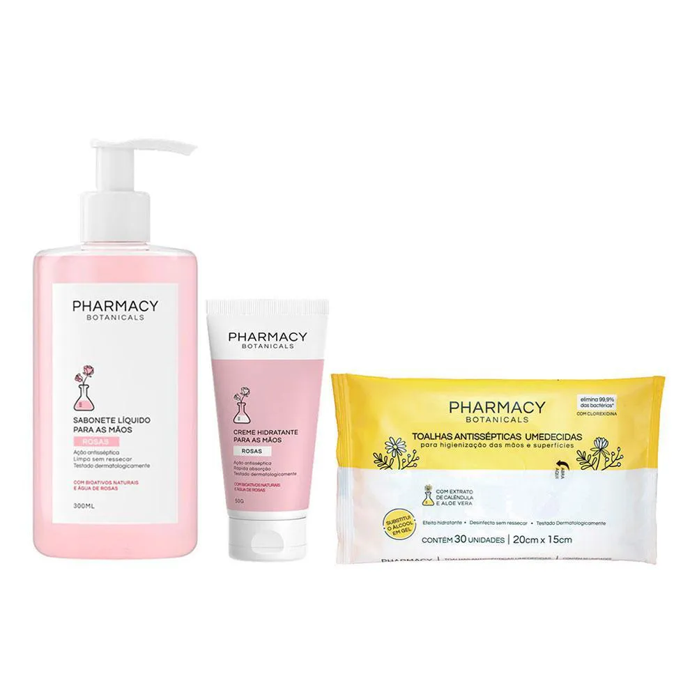 KIT PHARMACY BOTANICALS SABONETE LíQ 300ML E CREME PARA AS MãOS 50G E TOALHAS ANTISSéPTICAS 30UNID