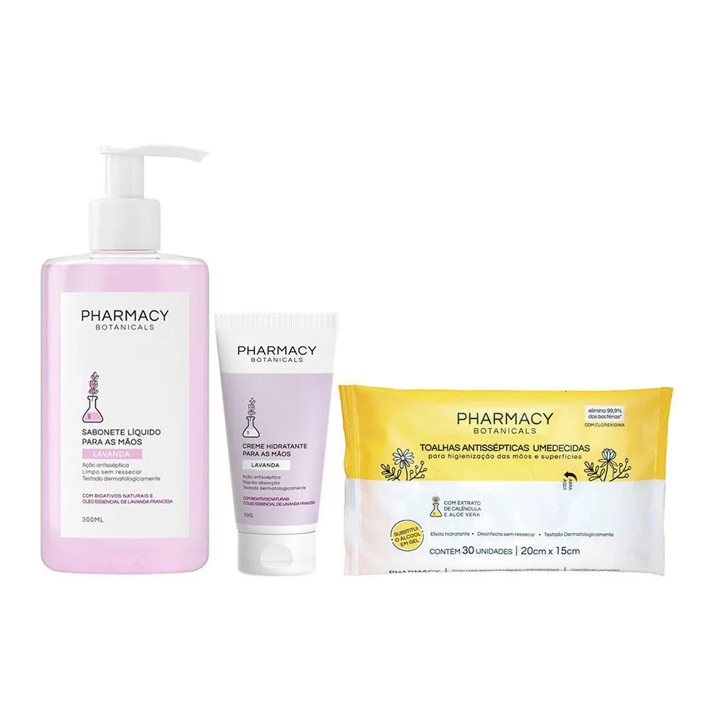 KIT PHARMACY BOTANICALS SAB LíQ 300ML E CREME PARA MãOS LAVANDA 50G E TOALHAS ANTISSéPTICAS 30UNID