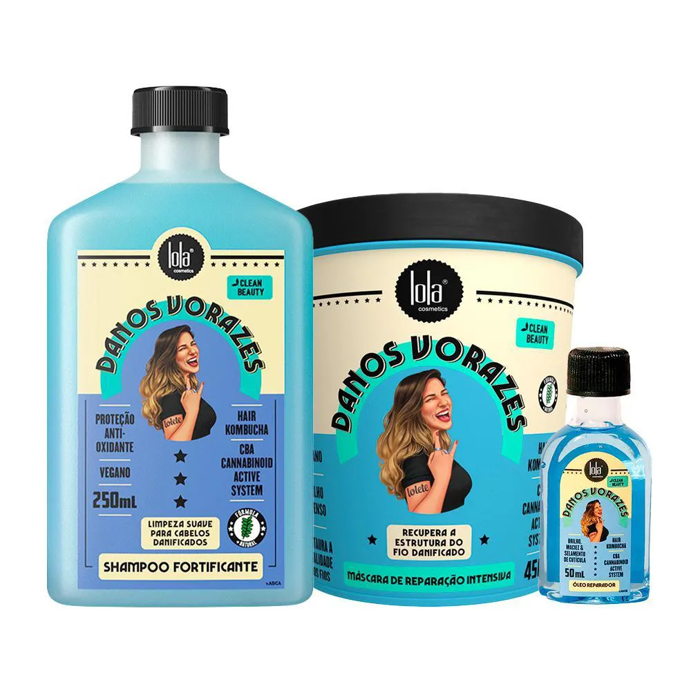 Kit Lola Cosmetics Danos Vorazes Shampoo Fortificante 250ml+ Máscara de Cabelo Reparação Intensa 230g+ Óleo Capilar Reparador 50ml