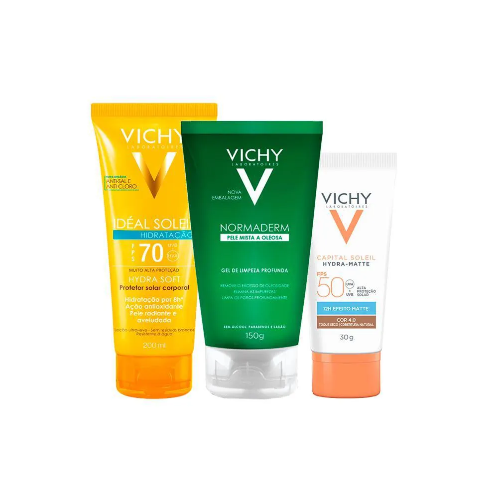 KIT VICHY - GEL FACIAL DE LIMPEZA E PROT SOLAR FACIAL FPS 50 COR 4.0 E PROT SOLAR CORPORAL FPS 70
