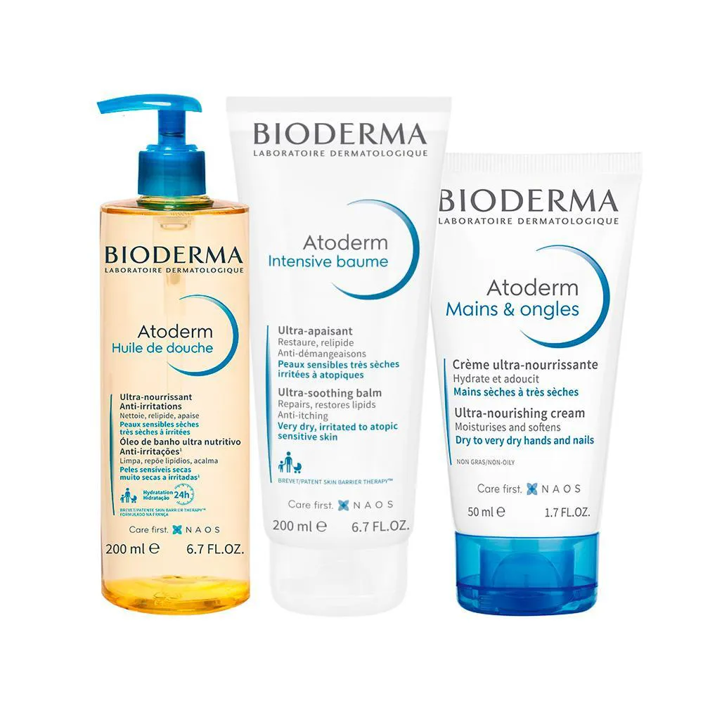 KIT CORPORAL BIODERMA ATODERM - ÓLEO DE BANHO E CREME E CREME PARA MãOS E UNHAS