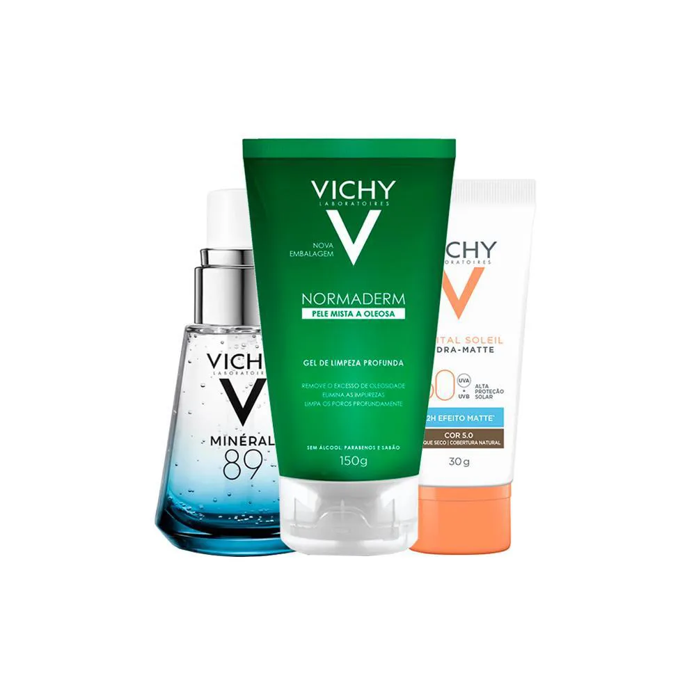 KIT VICHY FACIAL - GEL DE LIMPEZA PROFUNDA E PROTETOR SOLAR FPS 50 COR 5.0 E SéRUM HIDRATANTE