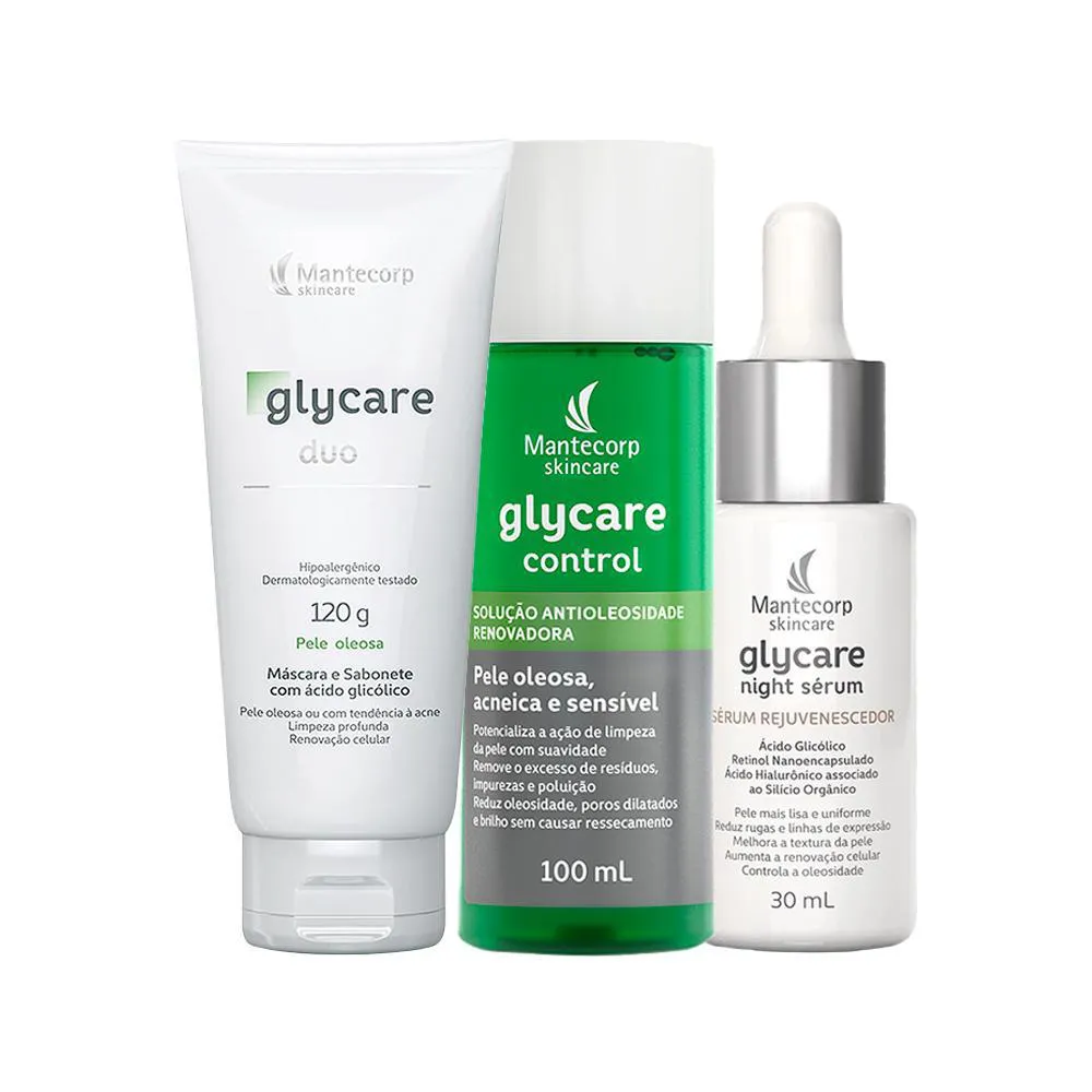 KIT FACIAL MANTECORP GLYCARE - SABONETE DE LIMPEZA PROFUNDA E SOLUçãO ANTIOLEOSIDADE E SéRUM