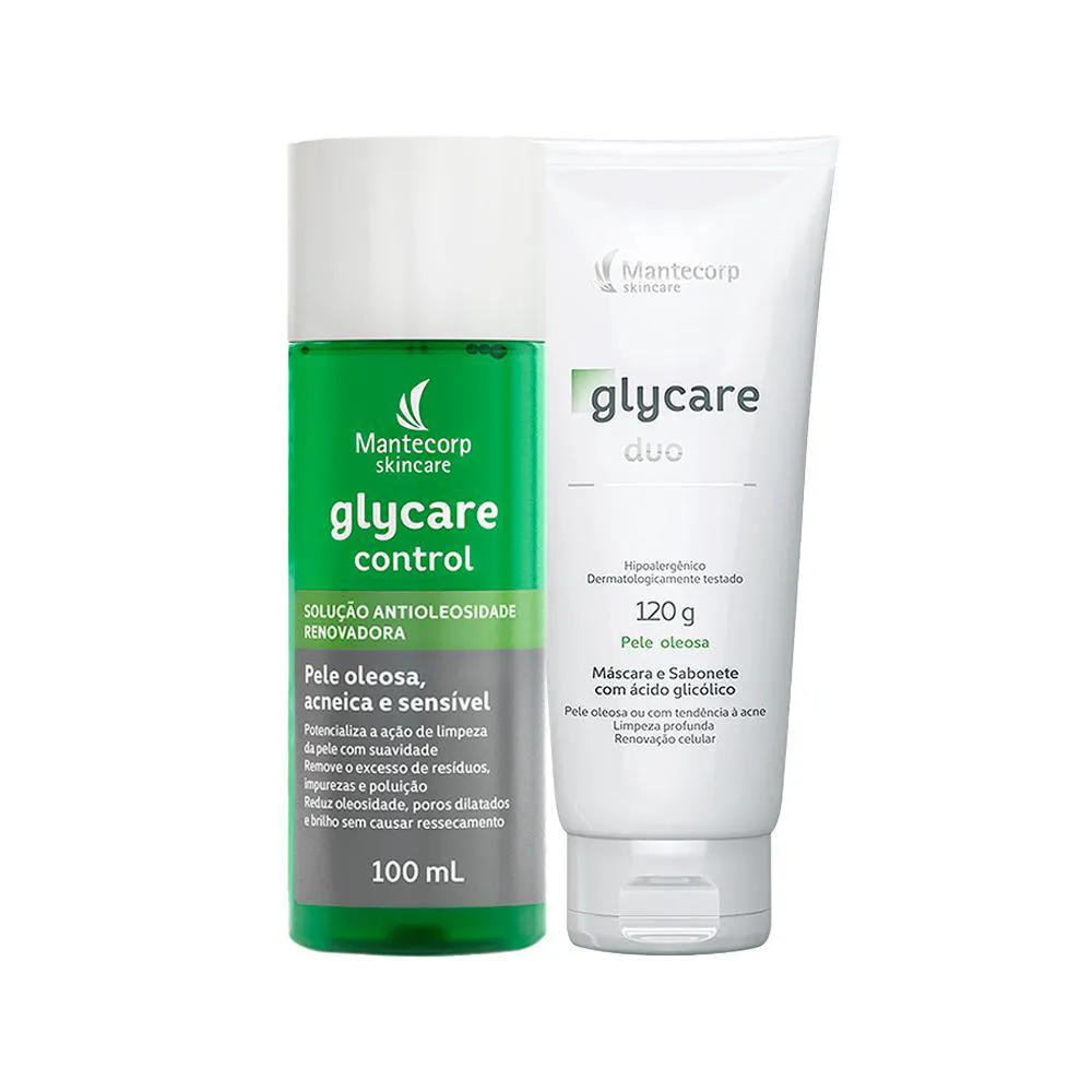 KIT FACIAL MANTECORP GLYCARE - SOLUçãO ANTIOLEOSIDADE E SABONETE DE LIMPEZA PROFUNDA DUO 120G