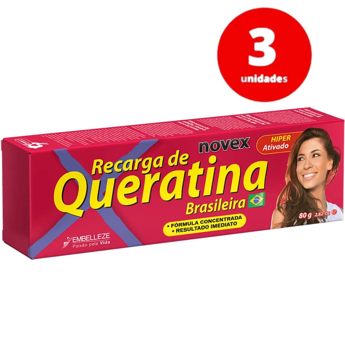 KIT C/3 TRATAMENTO RECONSTRUTOR NOVEX RECARGA DE QUERATINA BRASILEIRA 80G