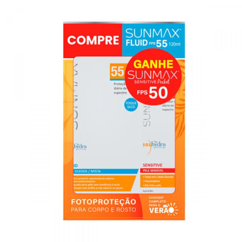 KIT PROTETOR SOLAR SUNMAX FLUID FPS55 120ML + SENSITIVE POCKET FPS50 25ML