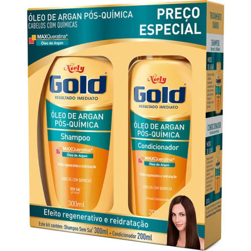 KIT NIELY GOLD ÓLEO DE ARGAN PÓS-QUÍMICA 1 SHAMPOO DE 300ML + 1 CONDICIONADOR DE 200ML