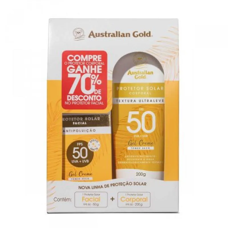 KIT AUSTRALIAN GOLD PROTETOR SOLAR CORPORAL FPS 50 200G + PROTETOR SOLAR FACIAL FPS 50 ANTIPOLUIçãO 50G
