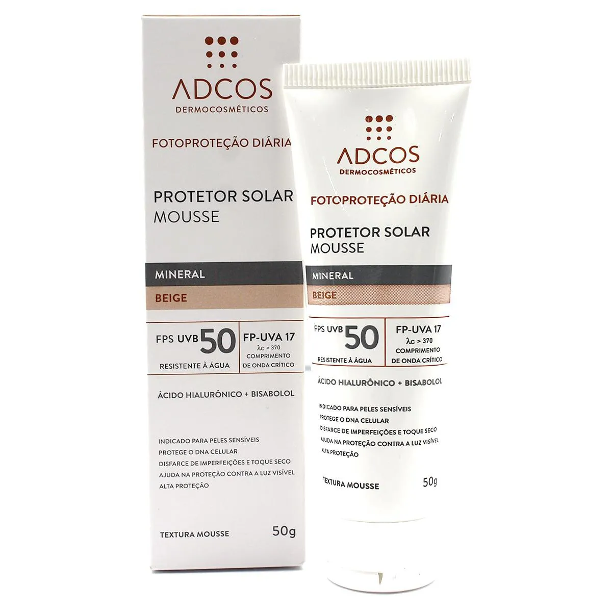 PROTETOR SOLAR MOUSSE ADCOS MINERAL BEIGE FPS50 COM 50G