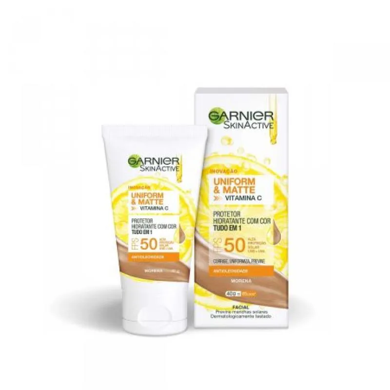 PROTETOR HIDRATANTE FACIAL GARNIER UNIFORM & MATTE VITAMINA C FPS50 COR MORENA 40G