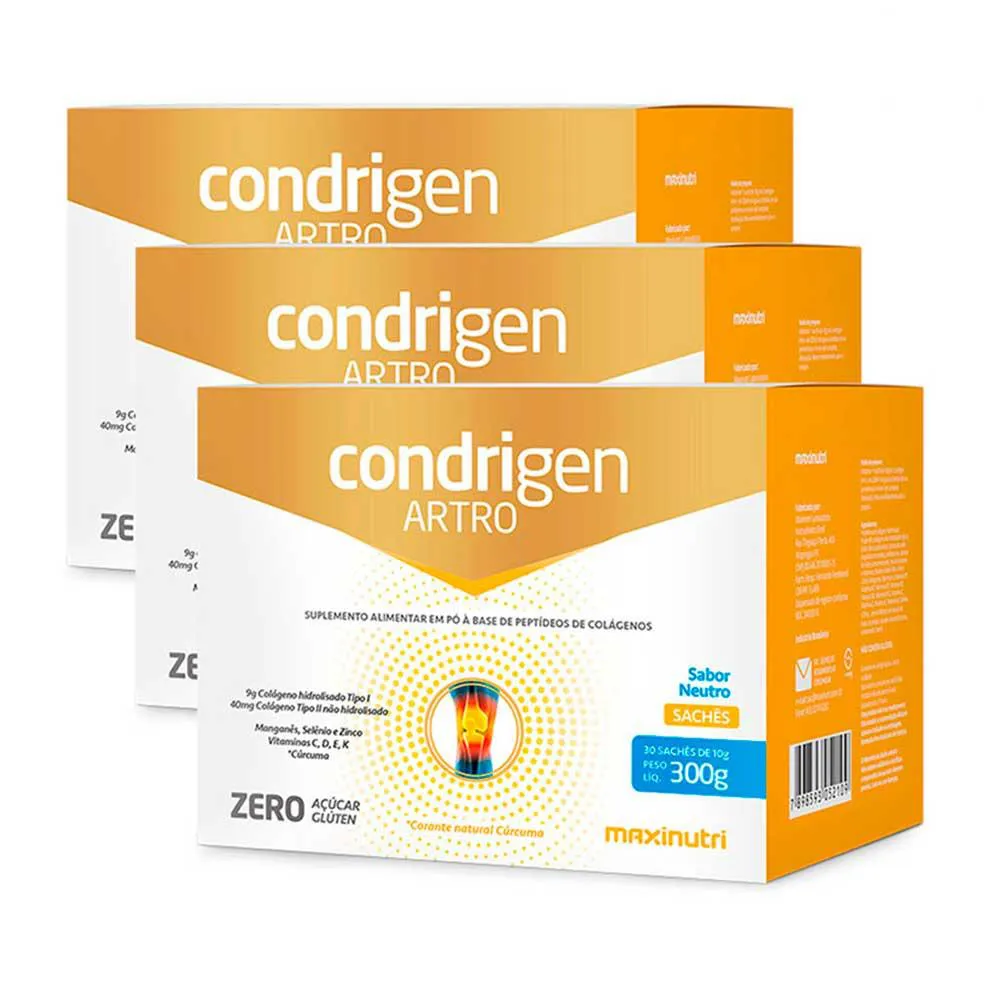 KIT 3 CONDRIGEN ARTRO COLáGENO 1 E 2  SACHê NEUTRO MAXINUTRI
