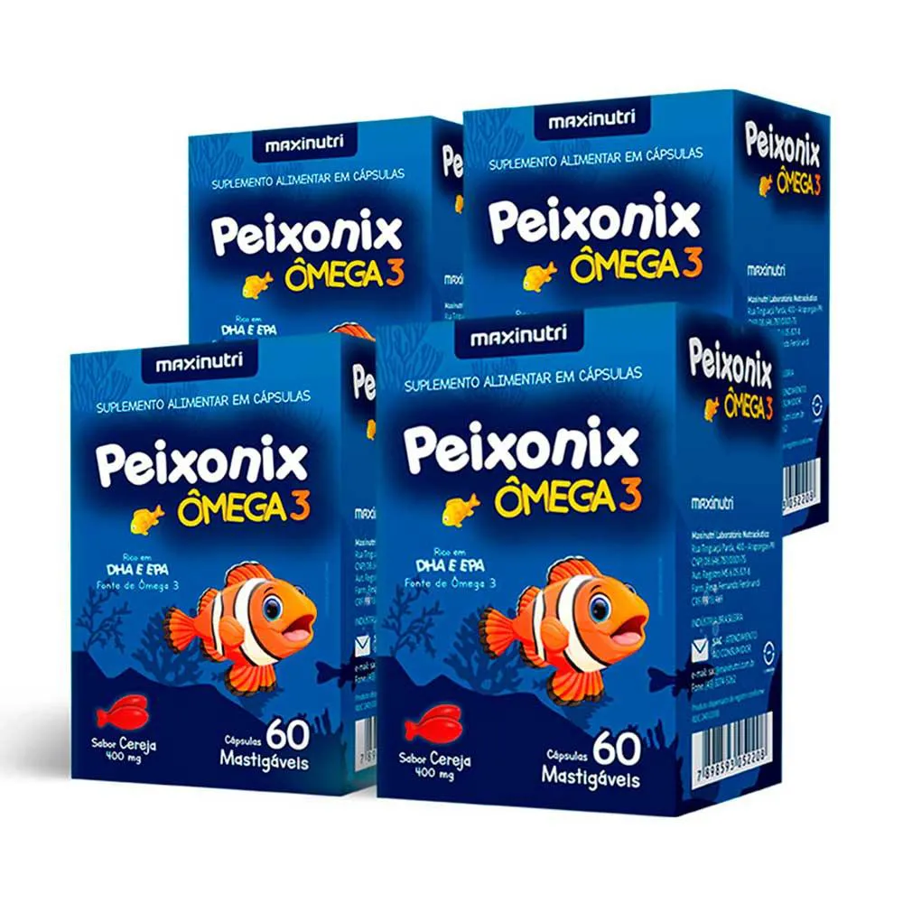 KIT 04 PEIXONIX ÔMEGA 3 MASTIGáVEL CEREJA 60 CAPS MAXINUTRI