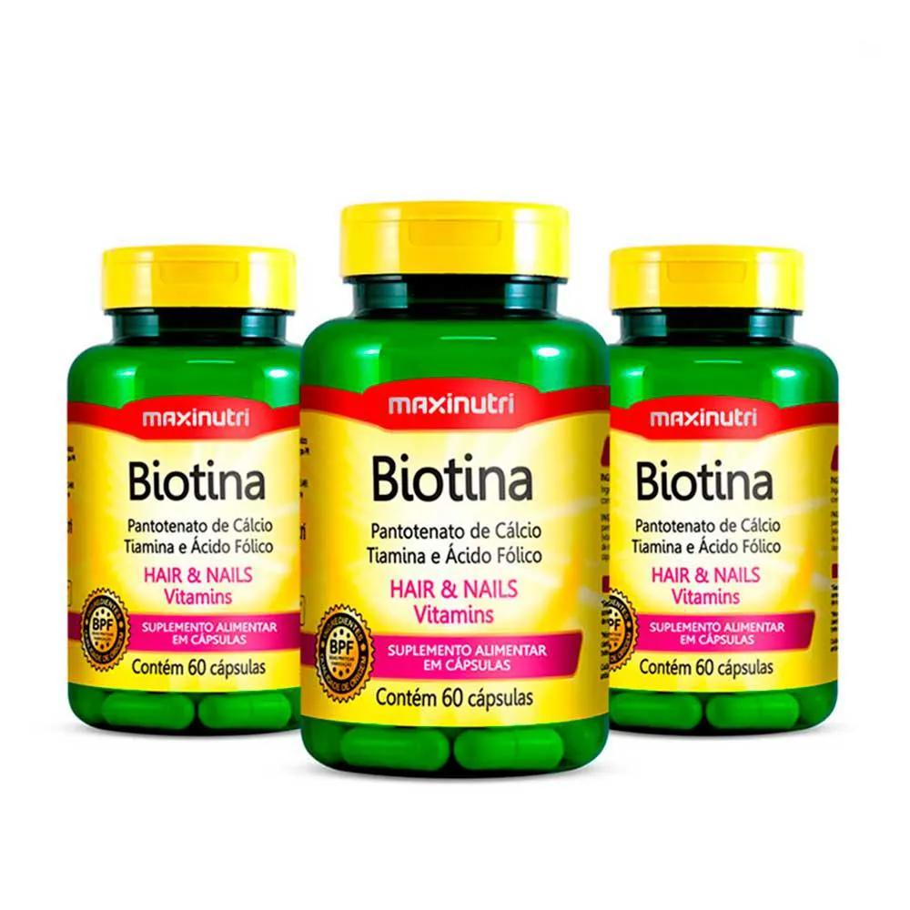 KIT 03 BIOTINA CABELO UNHAS VITAMINAS + ACIDO FóLICO 60 CAPS | Droga Raia