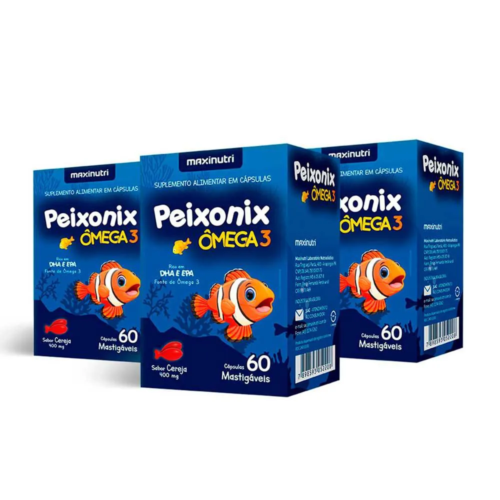 KIT 03 PEIXONIX ÔMEGA 3 MASTIGáVEL CEREJA 60 CAPS MAXINUTRI