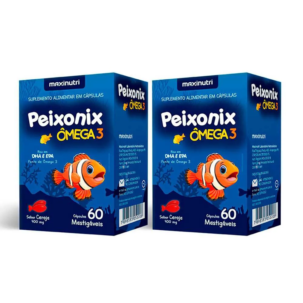KIT 02 PEIXONIX ÔMEGA 3 MASTIGáVEL CEREJA 60 CAPS MAXINUTRI
