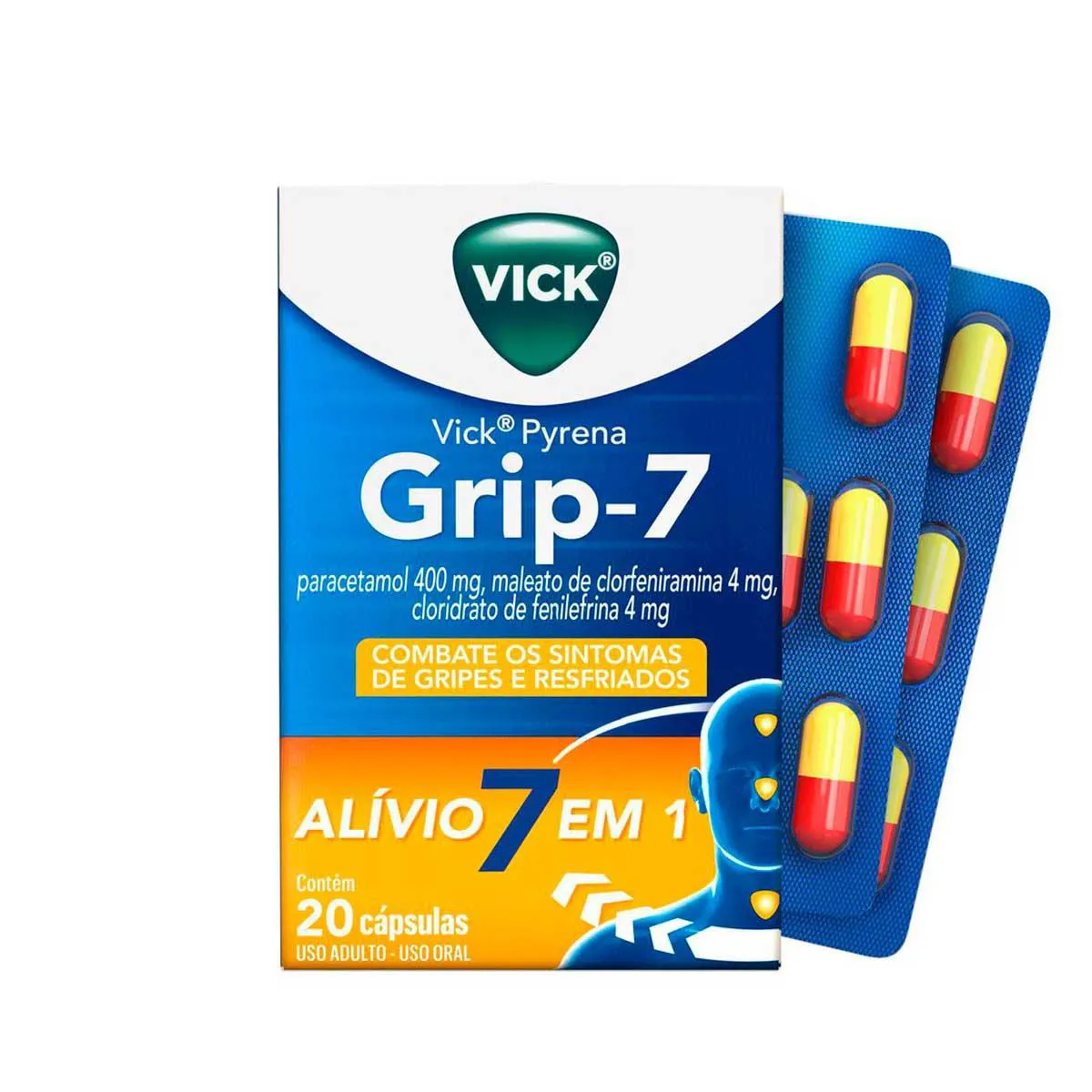 Vick Pyrena Grip-7 Paracetamol 400mg + Cloridrato Fenillefrina 4mg + Maleato de Clorfeniramina 4mg 20 cápsulas